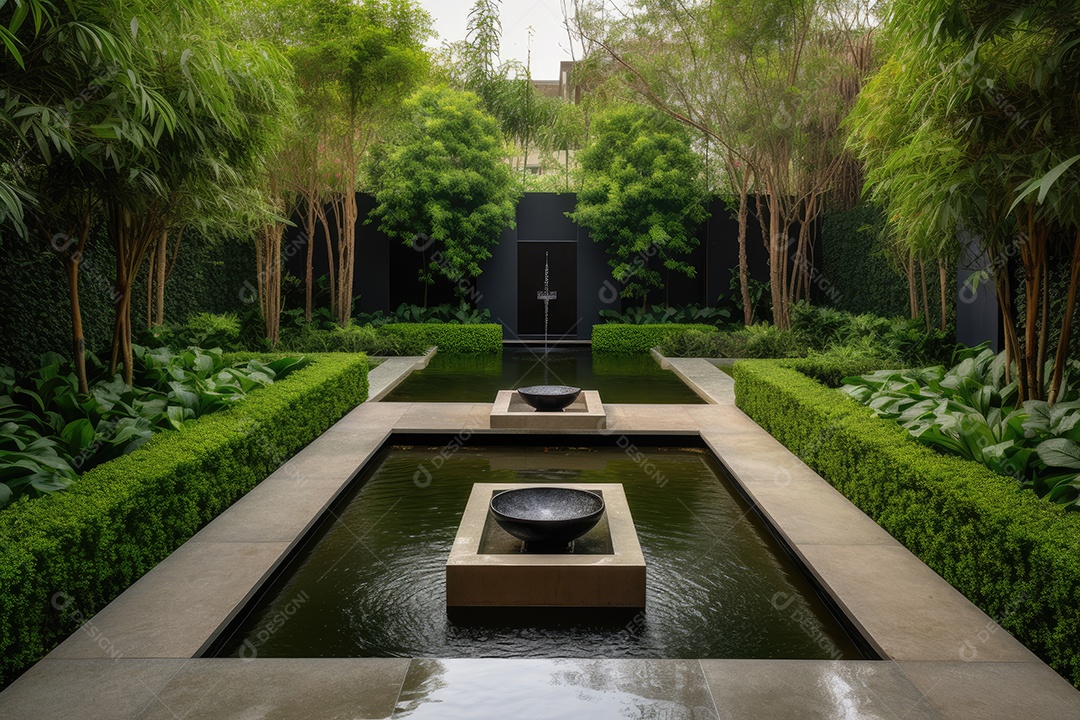 Jardim moderno com flores, esculturas e fonte serena.