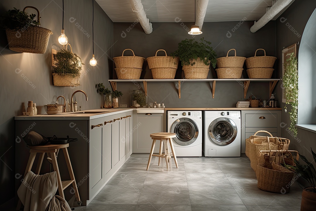 Lavanderia moderna: tons suaves, máquinas de aço, plantas verdes. Elegância funcional.