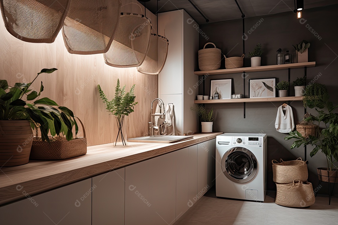 Lavanderia moderna: tons suaves, máquinas de aço, plantas verdes. Elegância funcional.