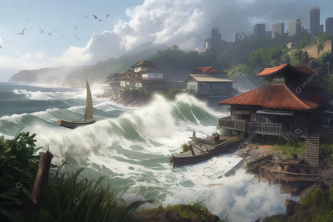 A imposição do tsunami ameaça aldeia costeira.