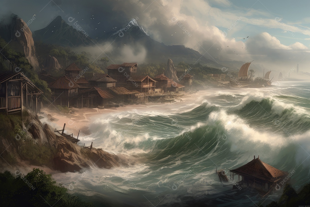 A imposição do tsunami ameaça aldeia costeira.