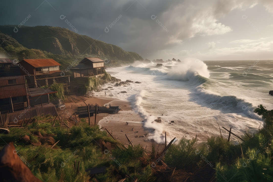 A imposição do tsunami ameaça aldeia costeira.