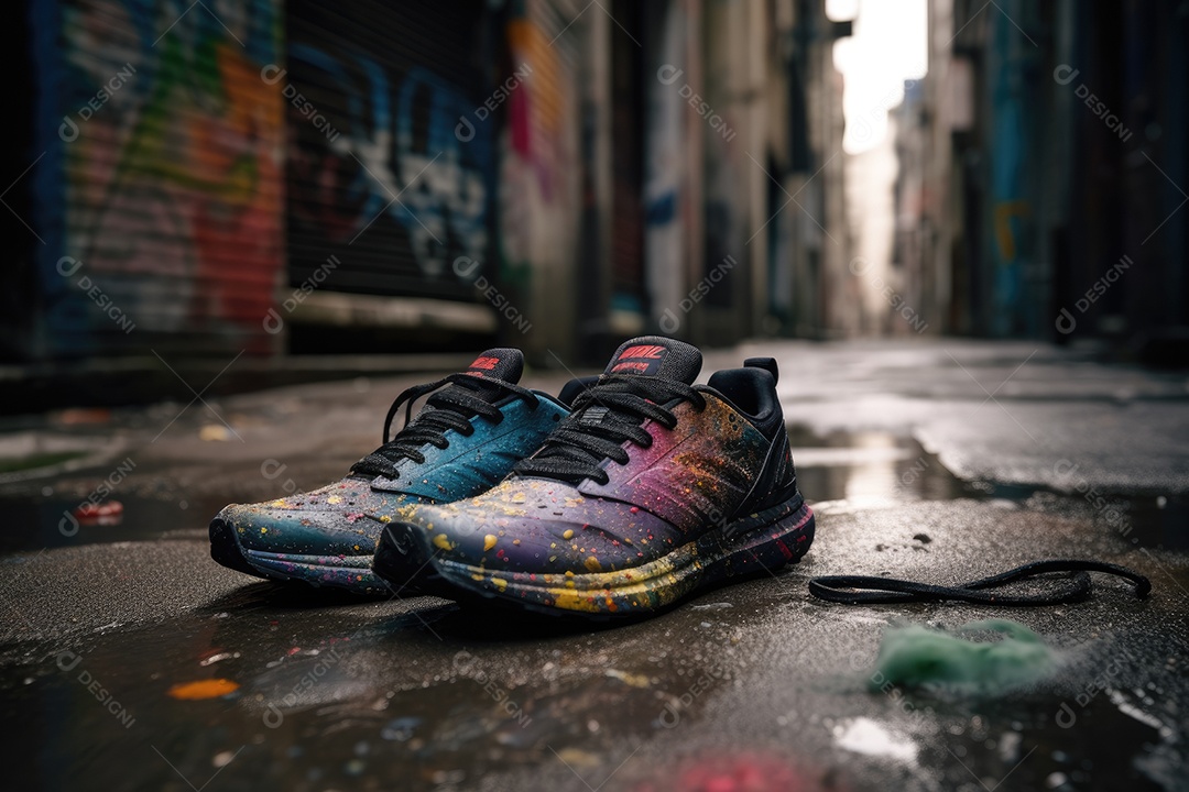 Novos tênis urbanos, arte de rua vibrante