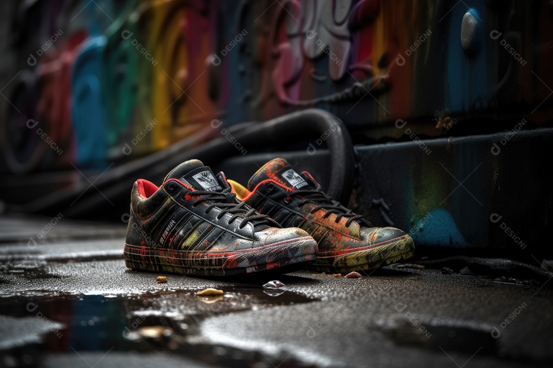 Novos tênis urbanos, arte de rua vibrante