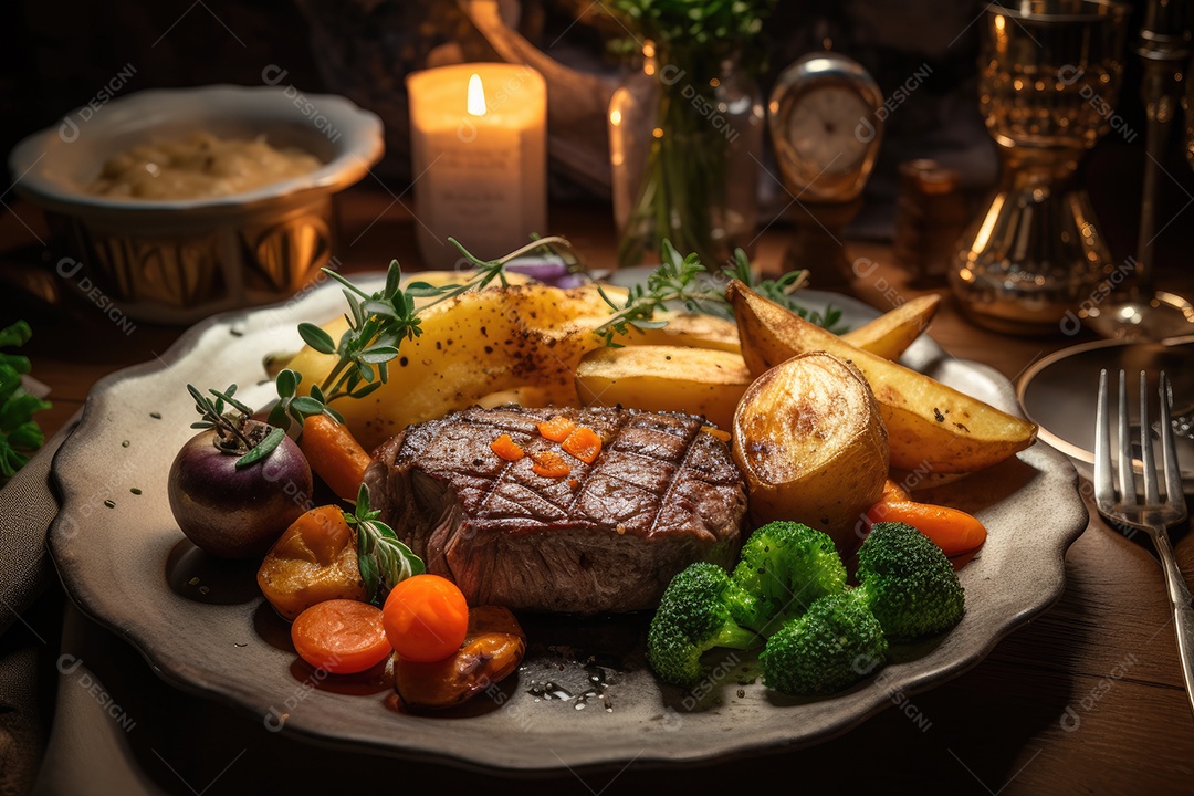 Prato gourmet com bife suculento e acompanhamentos.