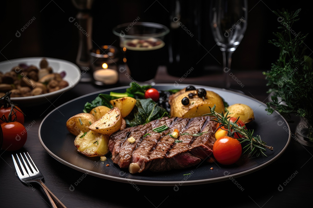 Prato gourmet com bife suculento e acompanhamentos.