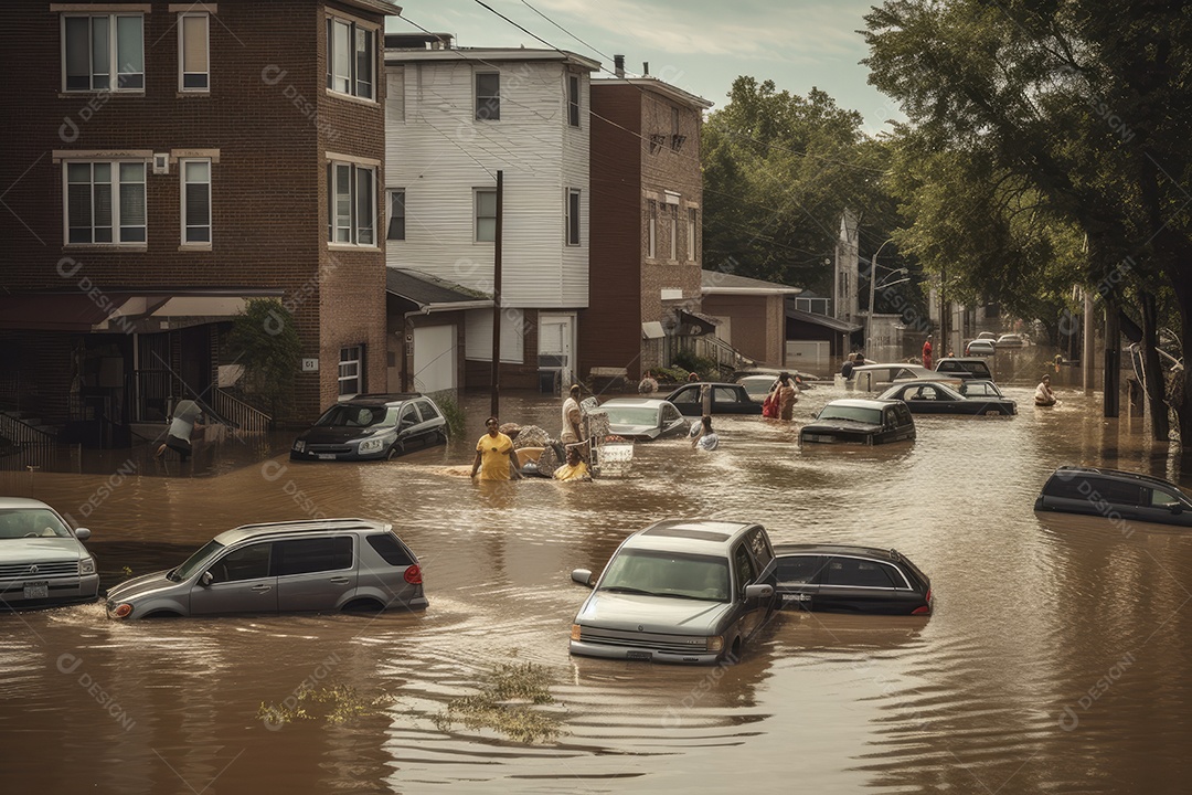 Bairro urbano inundado: caos, casas submersas, carros imobilizados.,