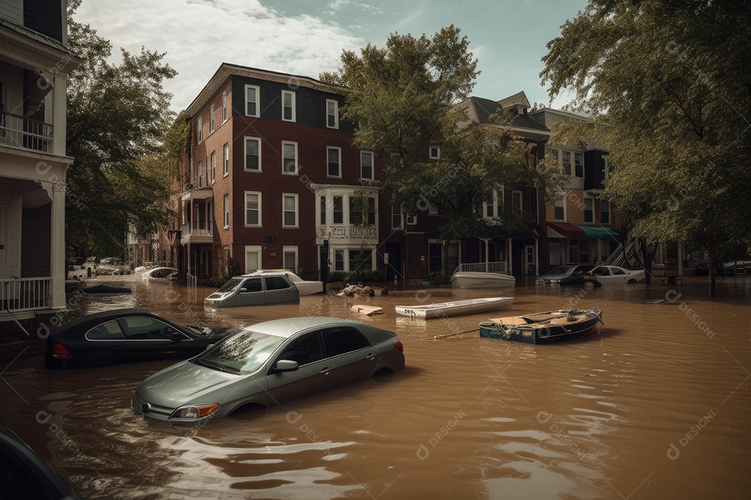 Bairro urbano inundado: caos, casas submersas, carros imobilizados.,