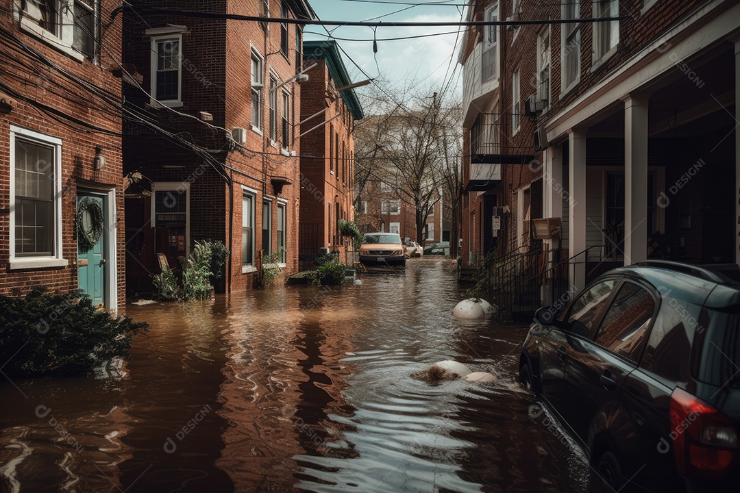 Bairro urbano inundado: caos, casas submersas, carros imobilizados.,