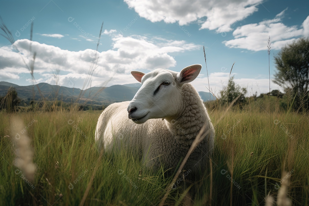 Ovelhas brancas pastando em um campo com montanhas ao fundo.