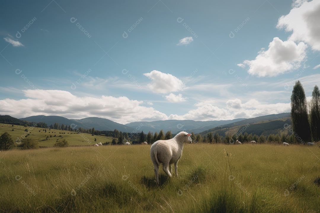 Ovelhas brancas pastando em um campo com montanhas ao fundo.