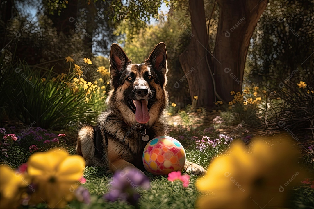 Cachorro sorridente em um parque ensolarado com flores.