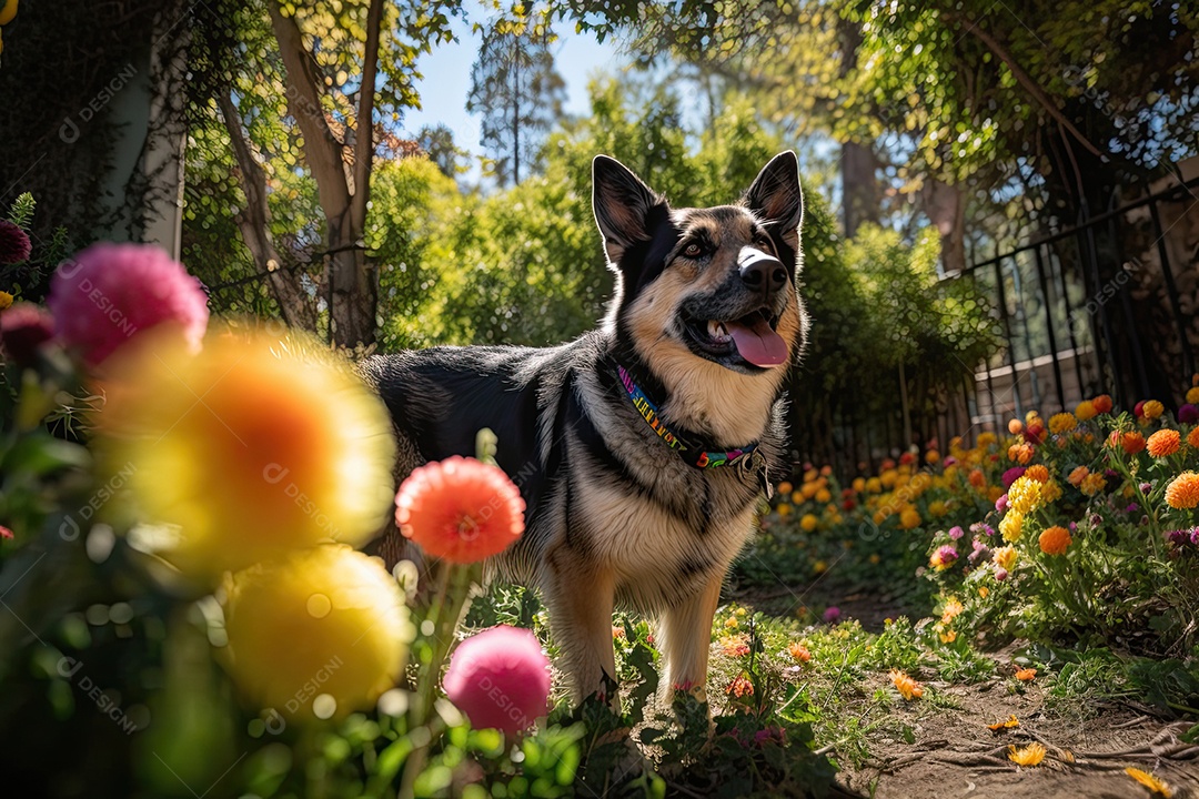 Cachorro sorridente em um parque ensolarado com flores.