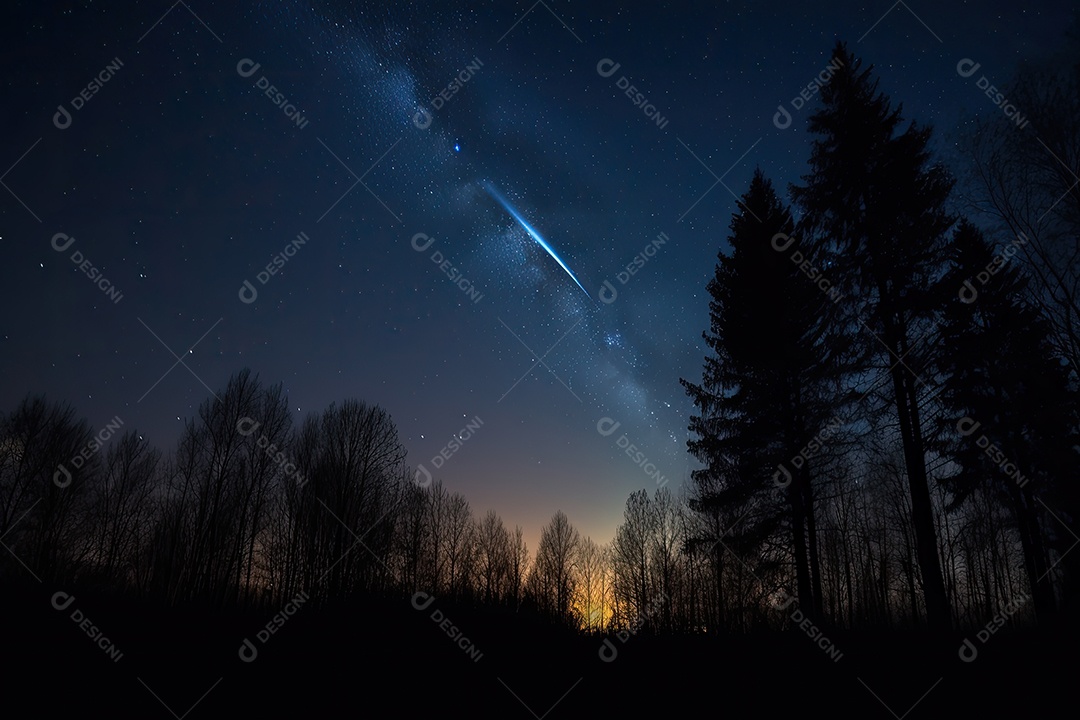 Meteorito cortando o céu estrelado entre árvores altas. Impressionante brilho dourado e azul.