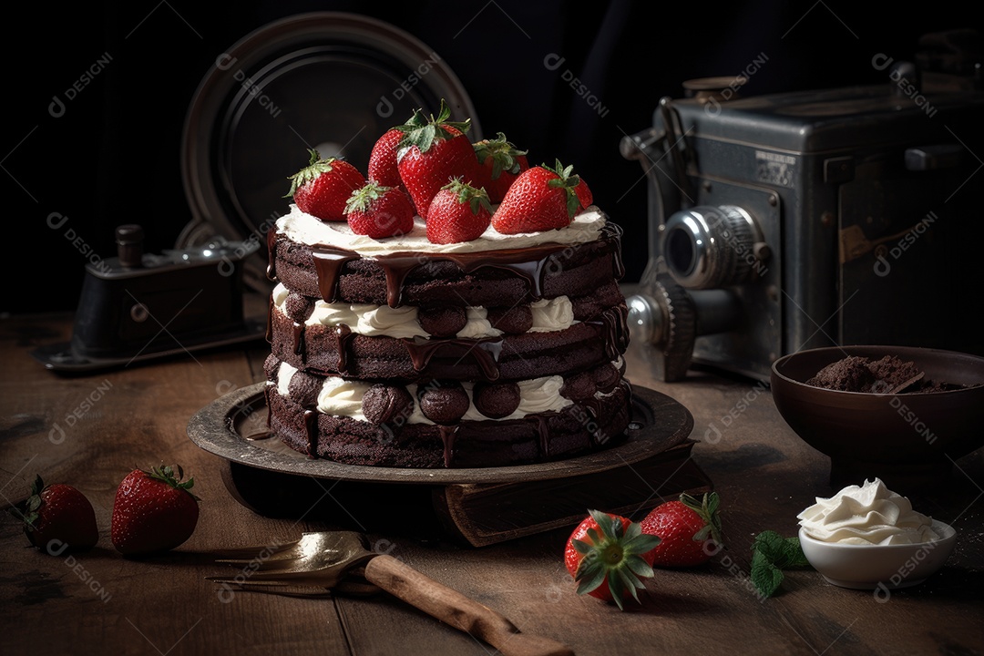 Sobremesa tentadora: bolo de chocolate com ganache, morangos e chantilly.