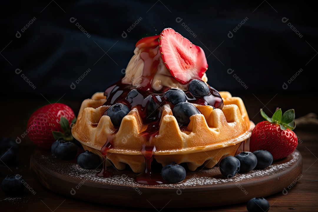 Waffle dourado com frutas frescas e sorvete derretendo.