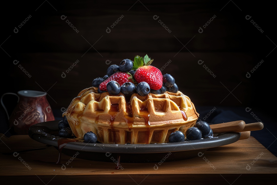 Waffle dourado com frutas frescas e sorvete derretendo.