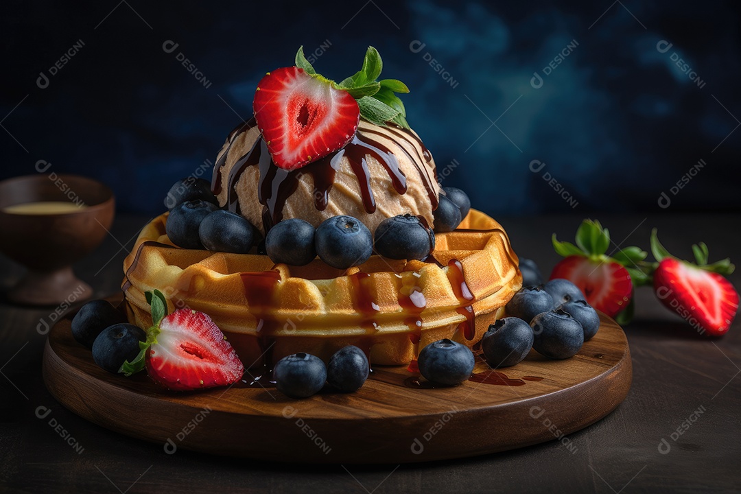 Waffle dourado com frutas frescas e sorvete derretendo.