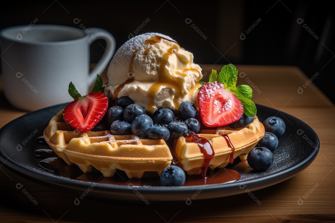 Waffle dourado com frutas frescas e sorvete derretendo.