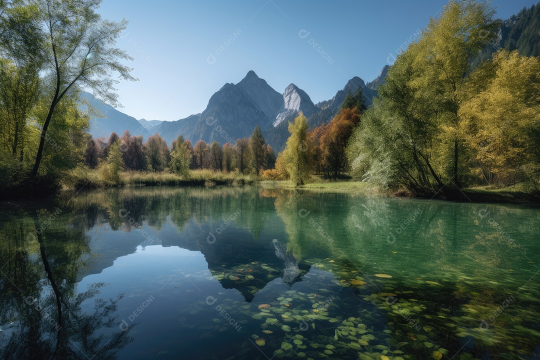 Lago sereno, montanhas ao fundo, patos nadando