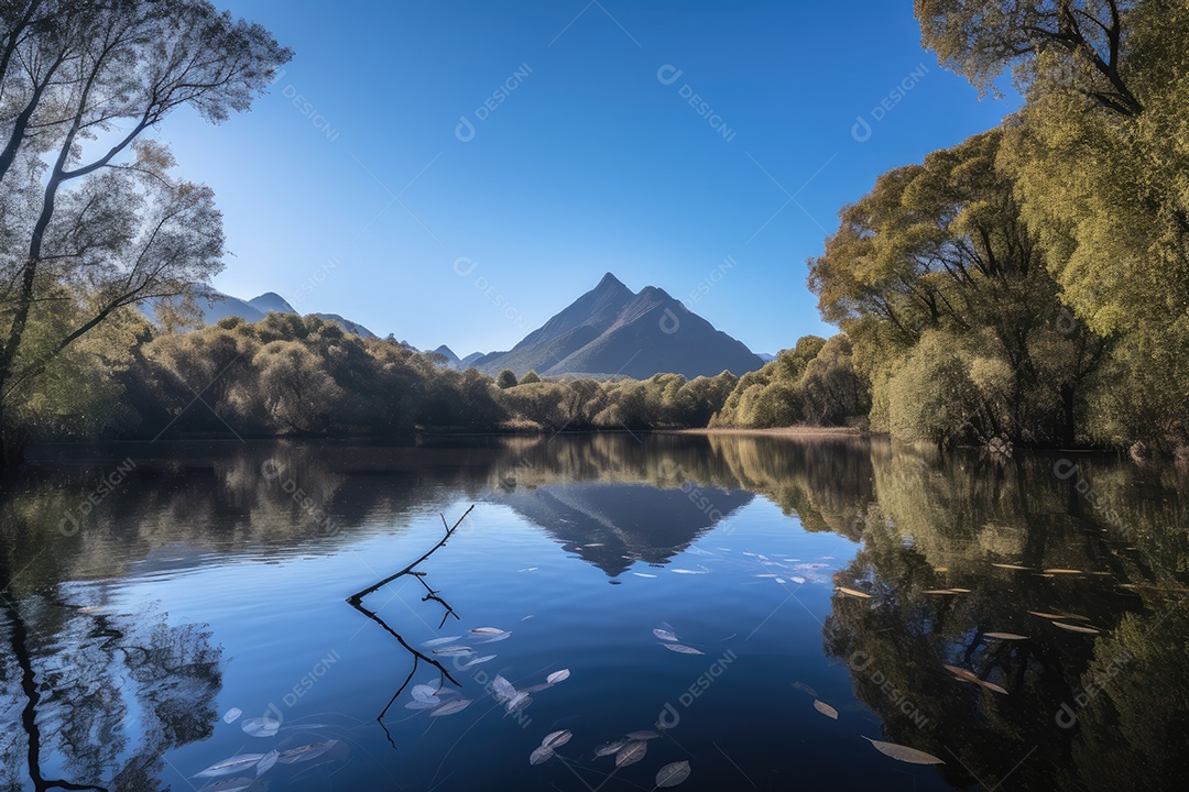 Lago sereno, montanhas ao fundo, patos nadando