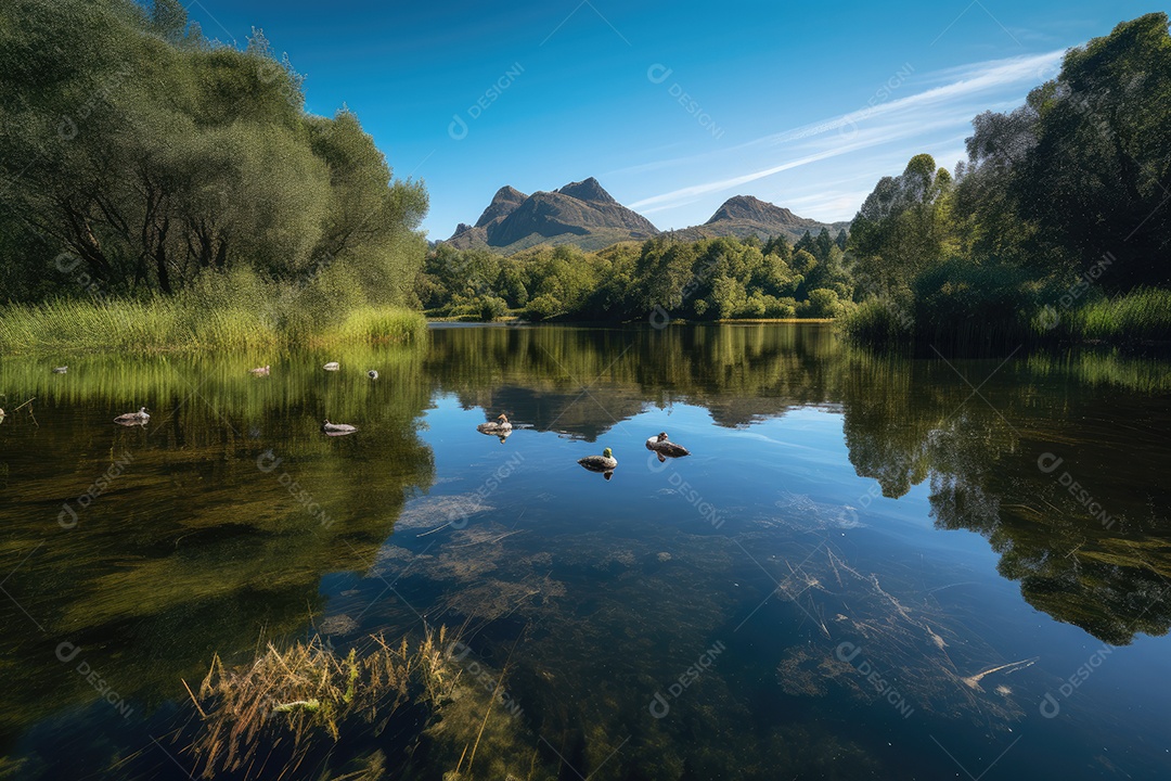 Lago sereno, montanhas ao fundo, patos nadando