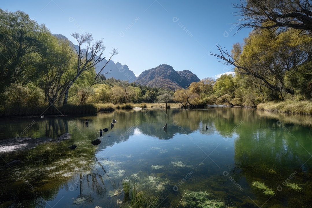 Lago sereno, montanhas ao fundo, patos nadando