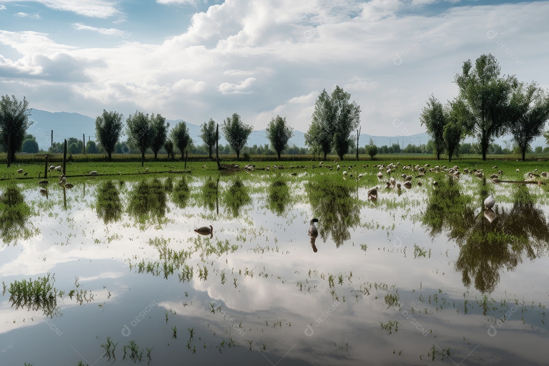 Arrozais dourados, garças e trabalhadores em cena.