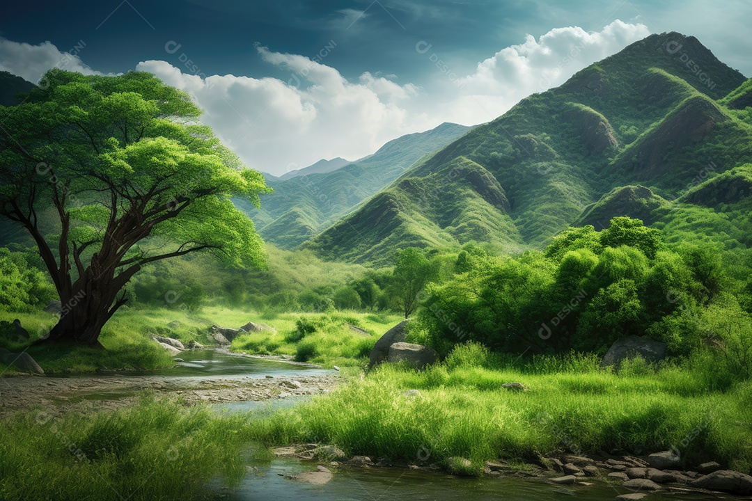 Terras verdes exuberantes, montanhas, rios e vida selvagem.