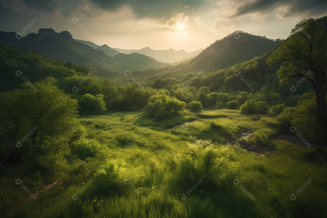 Terras verdes exuberantes, montanhas, rios e vida selvagem.
