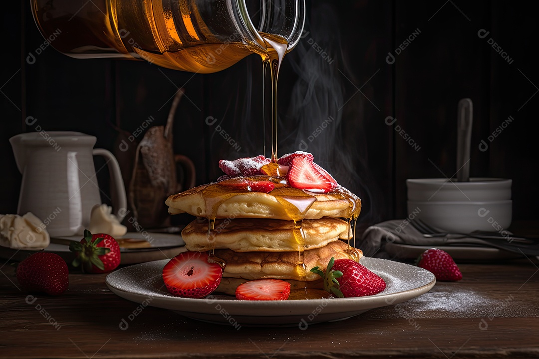 Pilha apetitosa: panquecas douradas, morangos e calda.
