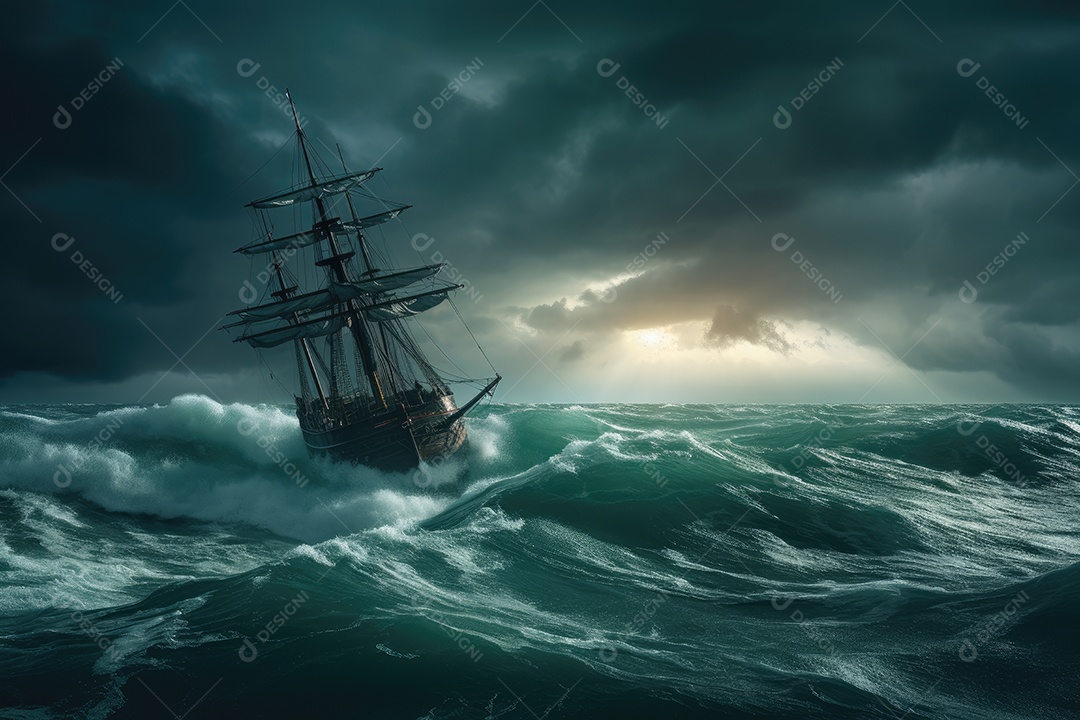 Tempestade furiosa ameaça embarcação frágil em alto mar.