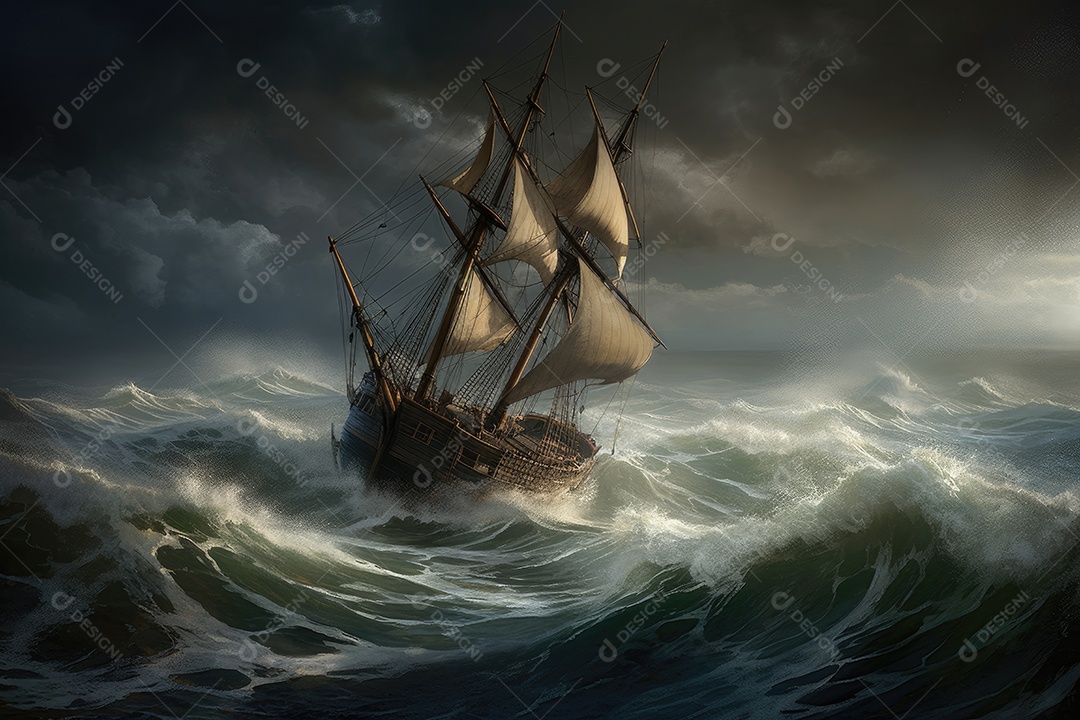 Tempestade furiosa ameaça embarcação frágil em alto mar.