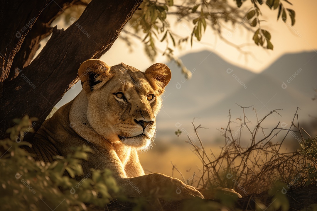 Leão fofo descansando na savana, cercado por borboletas. Montanhas ao fundo.