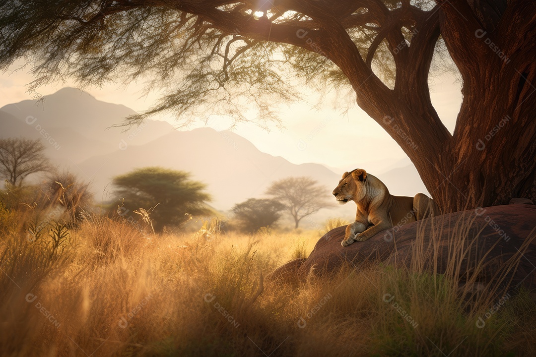 Lindo leão descansando na savana, cercado por borboletas. Montanhas ao fundo.