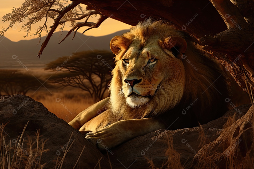 Lindo leão descansando na savana, cercado por borboletas. Montanhas ao fundo.