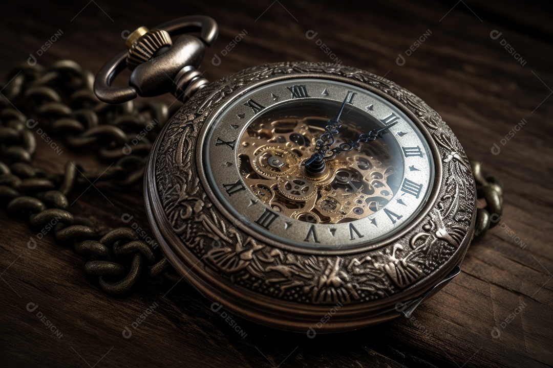 Antigo relógio de bolso, 11:11, engrenagens, madeira envelhecida
