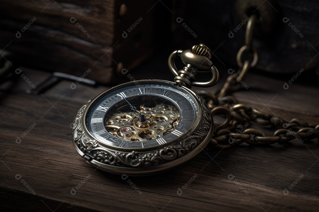 Antigo relógio de bolso, 11:11, engrenagens, madeira envelhecida