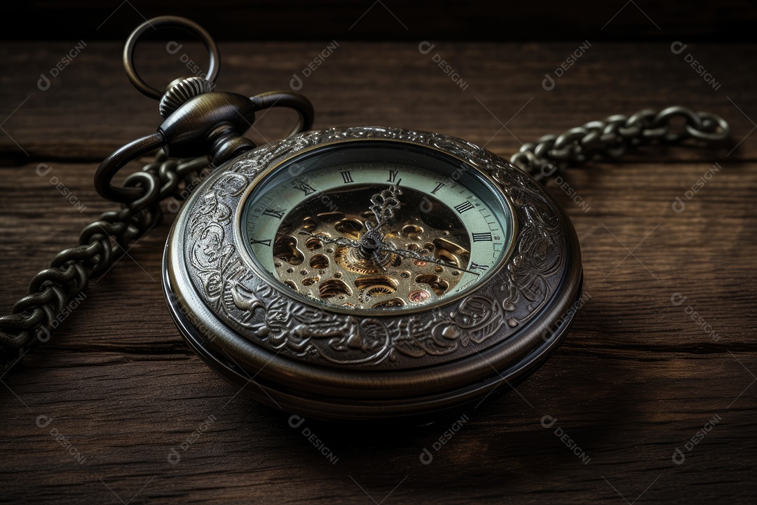 Antigo relógio de bolso, 11:11, engrenagens, madeira envelhecida