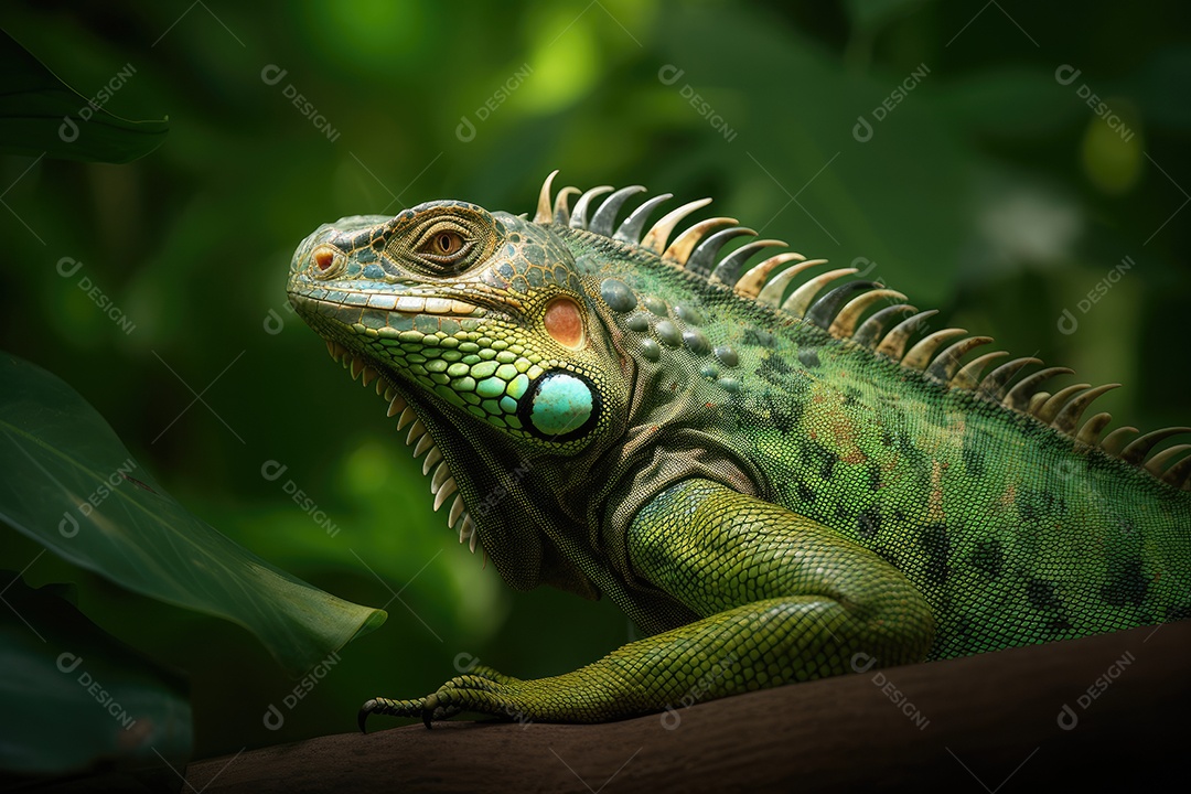 Iguana exótica descansando na selva vibrante.