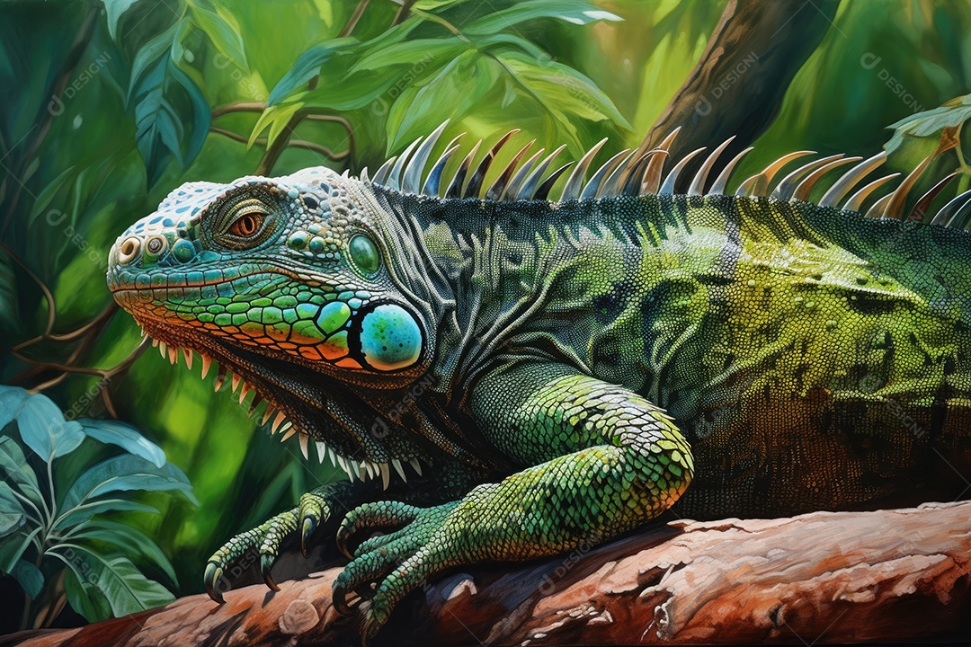 Iguana exótica descansando na selva vibrante.