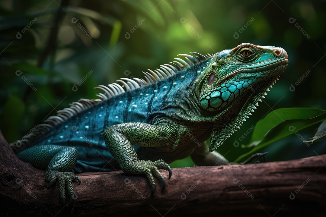 Iguana exótica descansando na selva vibrante.