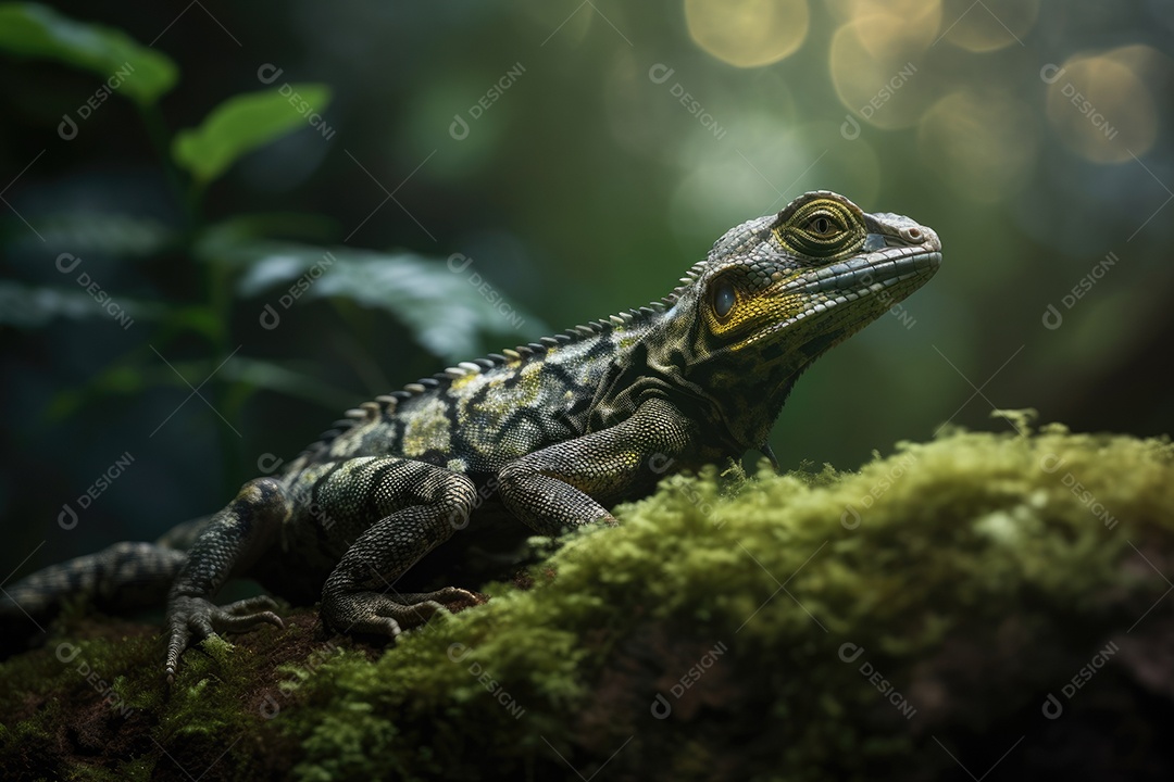 Lagarto exótico em pedra vulcânica, olhar misterioso.
