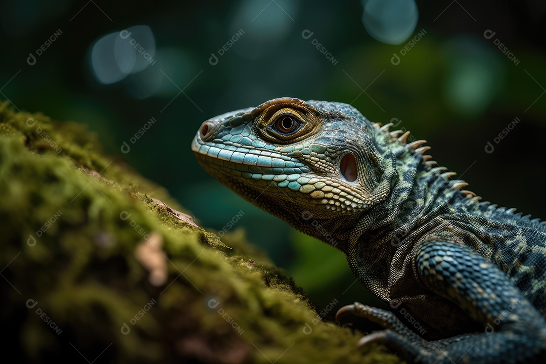 Lagarto exótico em pedra vulcânica, olhar misterioso.