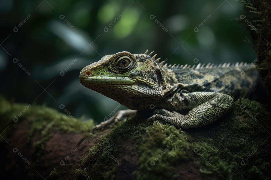 Lagarto exótico em pedra vulcânica, olhar misterioso.