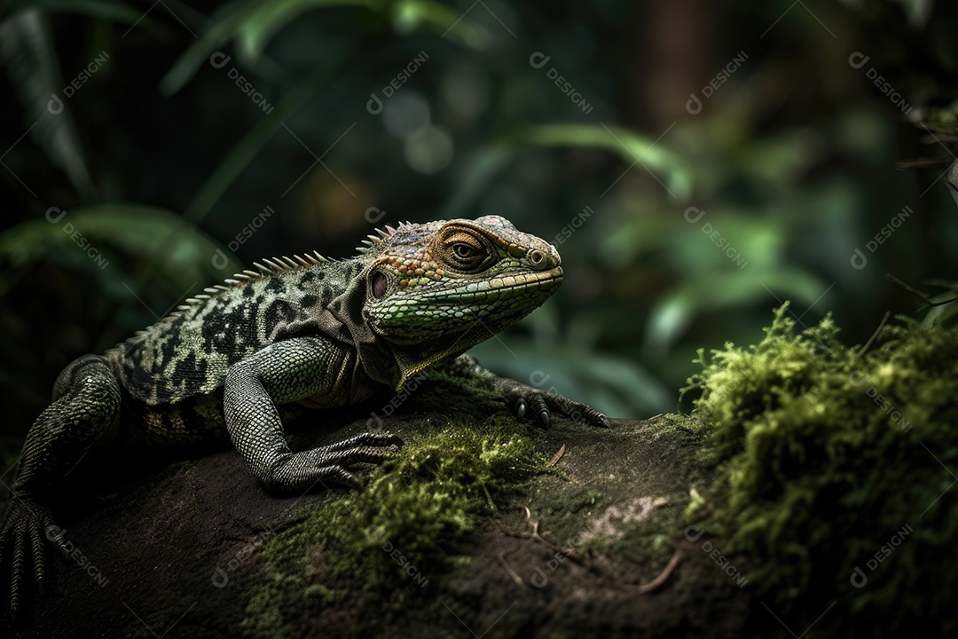 Lagarto exótico em pedra vulcânica, olhar misterioso.