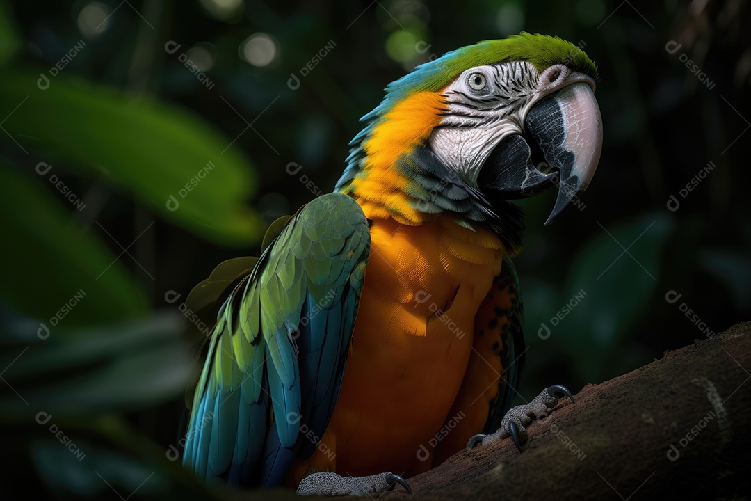 Papagaio exótico em vibrante floresta tropical.