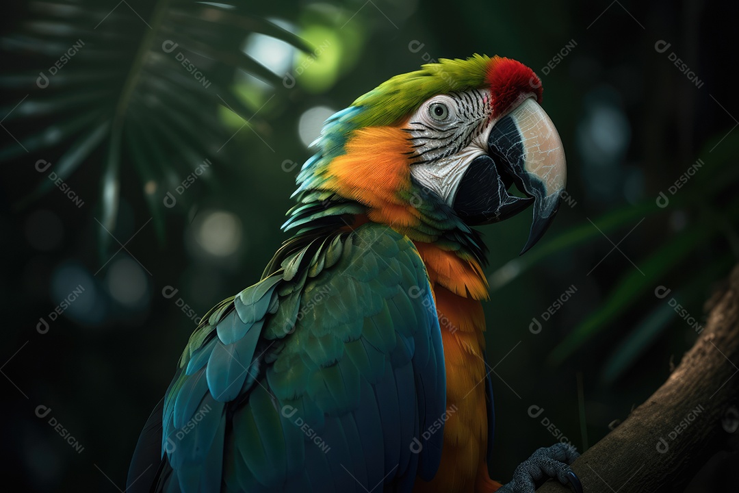 Papagaio exótico em vibrante floresta tropical.