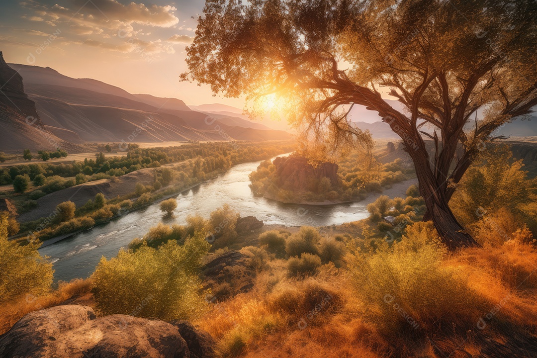 Paisagem majestosa: montanhas, rio, árvores e pôr do sol.