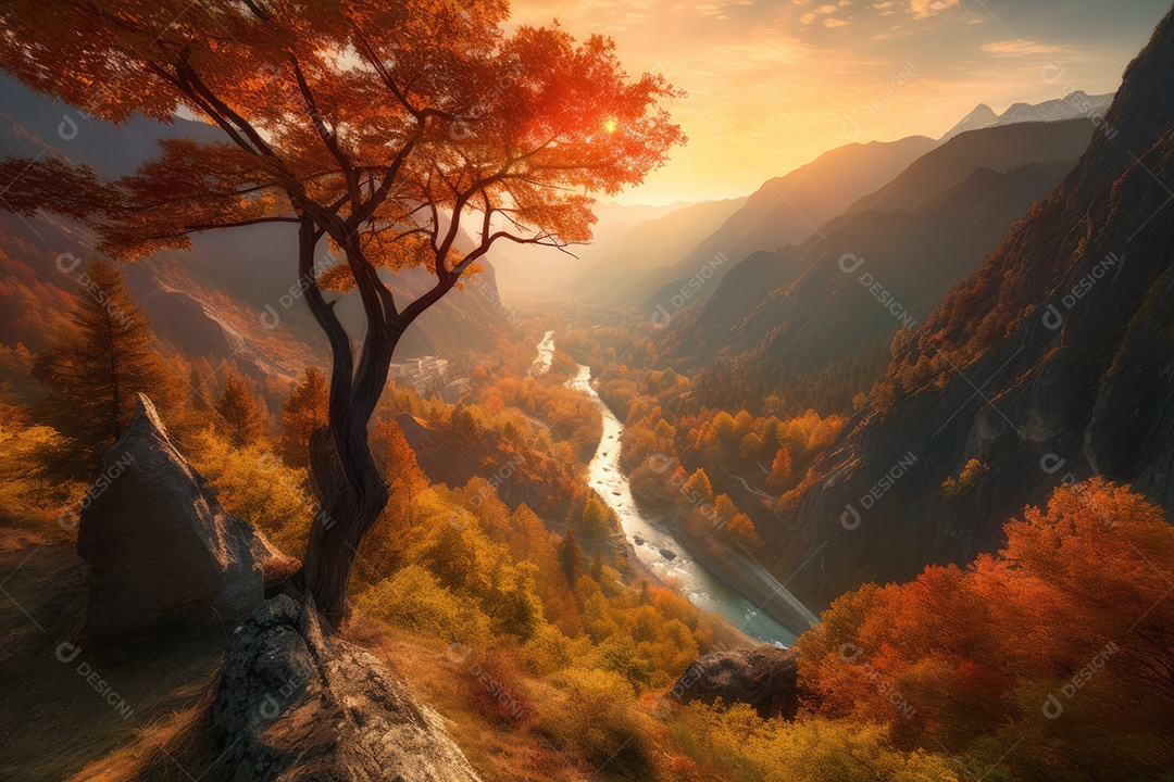 Paisagem majestosa: montanhas, rio, árvores e pôr do sol.